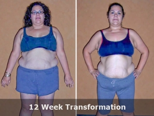 before and after front view photo of female body transformation client with significant weight loss