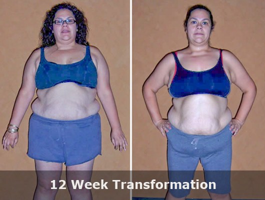 before and after front view photo of female body transformation client with significant weight loss