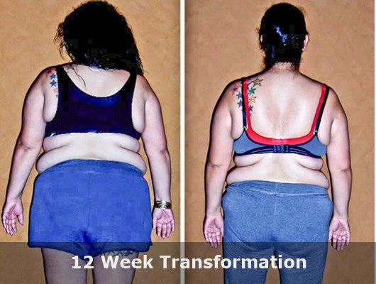 before and after back view photo of female body transformation client with significant weight loss