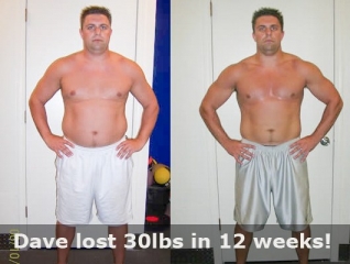 before and after front view of male body transformatin client showing a 30 pound weight loss in 12 weeks