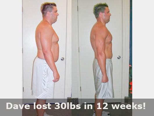 before and after side view of male body transformatin client showing a 30 pound weight loss in 12 weeks