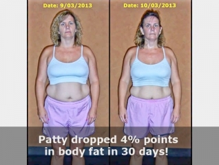 before and after front view photo of female body transformation client who dropped 4 body fat percentage points in just 30 days