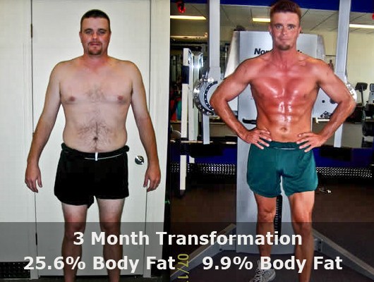 before and after front view of a male body transformation client showing fat loss and muscle gain