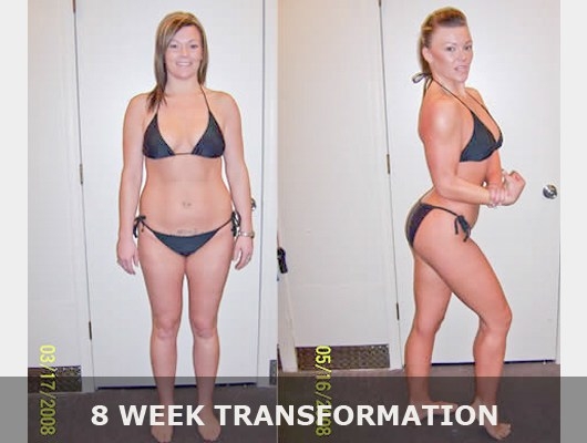 before and after front view and side view bikini photo of a female transformation client
