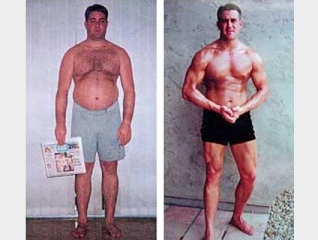 before and after front view photo of Jason's very first body transformation client