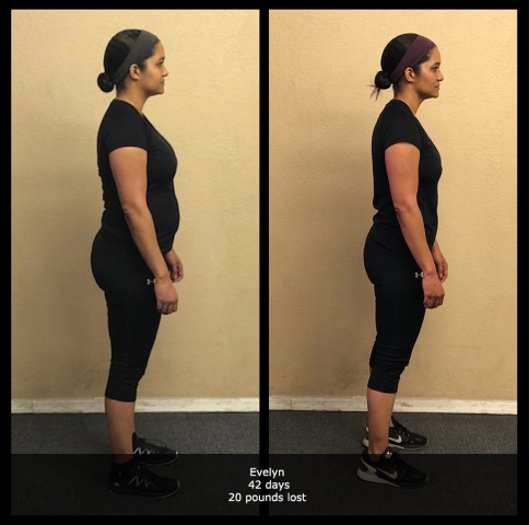 before and after side view photo of a female body transformation client who lost 20 pounds in 42 days