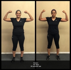 before and after front view photo of female body transformation client who lost 20 pounds in 42 days