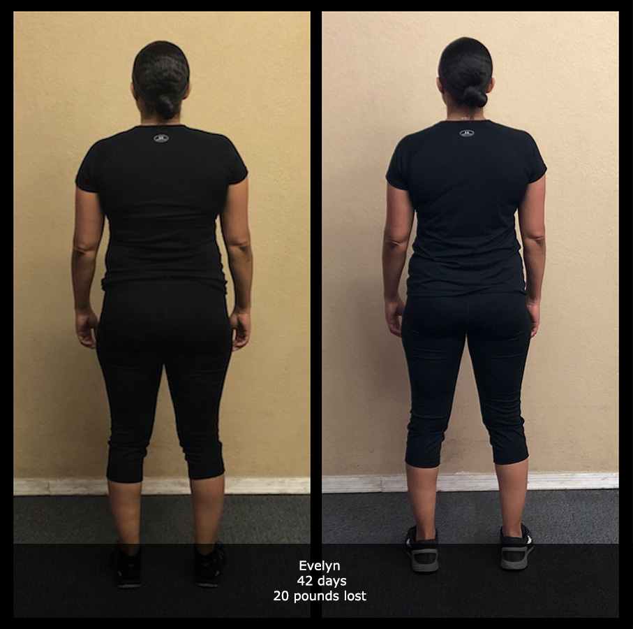 before and after back view photo of a female body transformation client who lost 20 pounds in 42 days